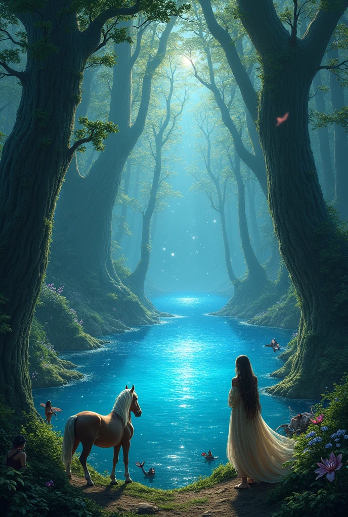 a forest, where in the middle of it there is a lake, in that lake, blue sparkles come out of it, near this lake you can see fairies, horses, and elves, but this forest has a following, an obscure insurer
