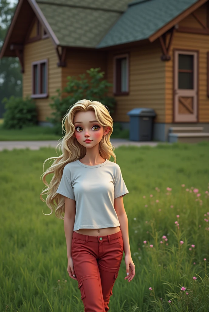 Half body photo of a cute 17 year old pretty blonde haariges girl, blonde haired, looks into the camera , full face (you look shy:1.3), freckles, detailed face, detailed skin, (red short crop top with blue cargo pants and chunky sneakers), Beautiful body, big boobs,wide hips, big round brown eyes, black eyeliner, sensual lips, Suggestive pose