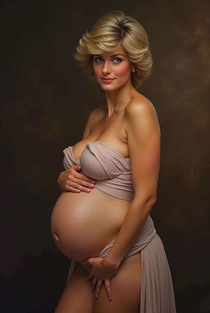 A stunning portrait of princess diana pregnant, holding her belly, young and beautiful, hyper realistic, real portrait, backlit, exquisite features, cleavage, sexy, seductive,