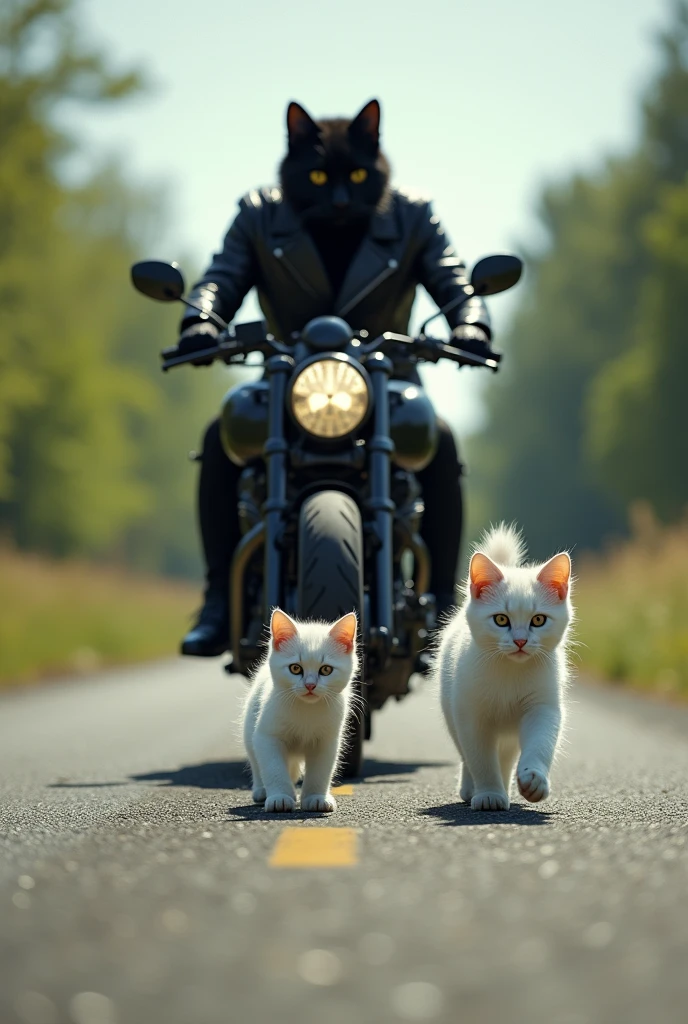 "A white cat walks on the road with her kitten when a black cat in a human body on a motorcycle crashes into them from behind."