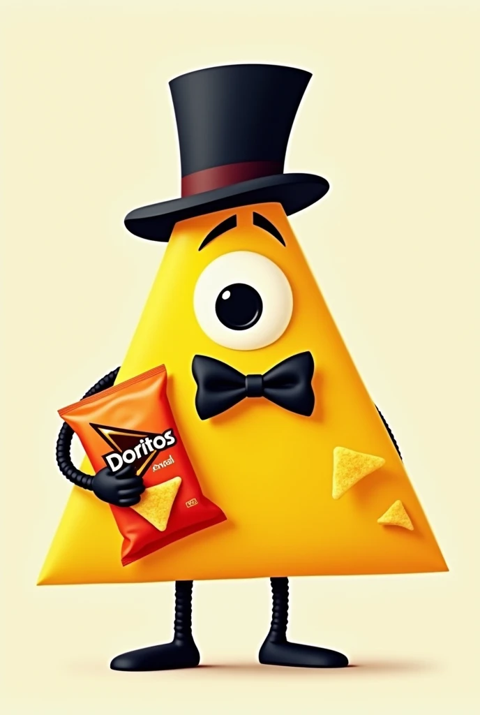 yellow triangle with one eye,
black bowtie, black tophat and black limbs and holding a bag of Doritos