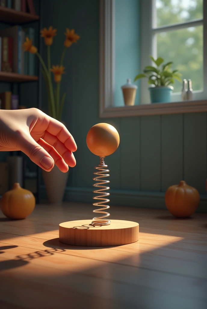 In a room of a house a hand pushes a ball against a spring for an experiment