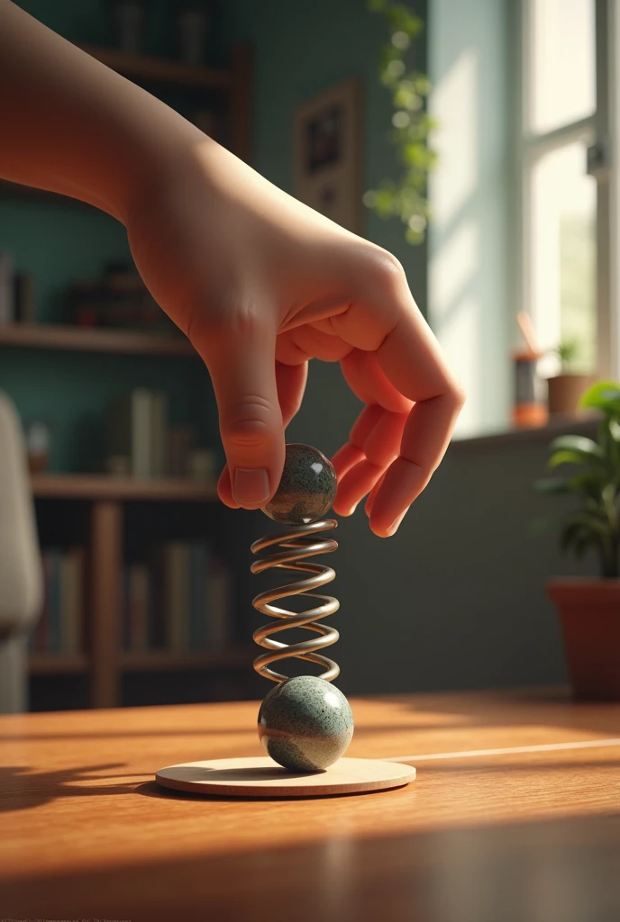 In a room of a house a hand pushes a ball against a spring for an experiment