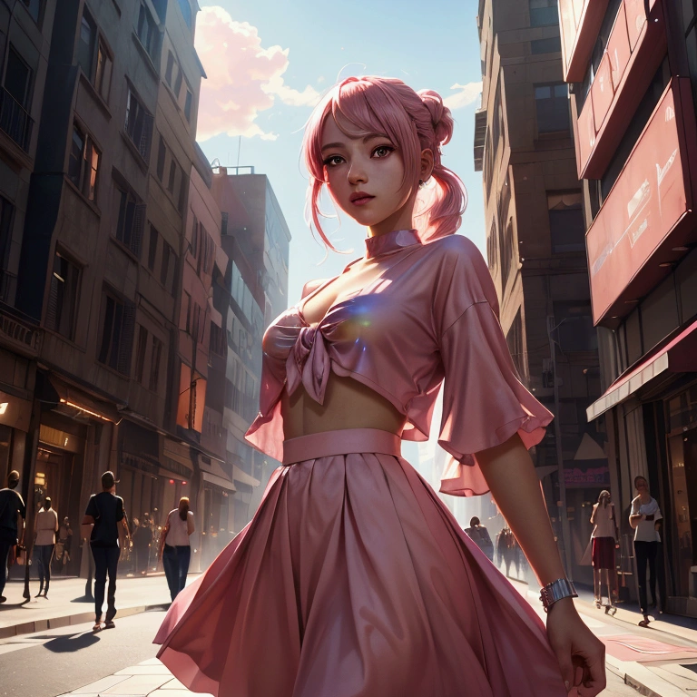 a masterpiece, best quality, highres, absurdres, 1girl, crowd, skirt, pink hair, gasai yuno, from below, revealing clothes, skindentation, outdoors, sunlight, street, looking at viewer, blush, detailed face, beautiful detailed eyes, beautiful detailed lips, extremely detailed face, long eyelashes, cinematic lighting, depth of field, volumetric lighting, photorealistic, digital painting, concept art, vibrant colors, dynamic pose