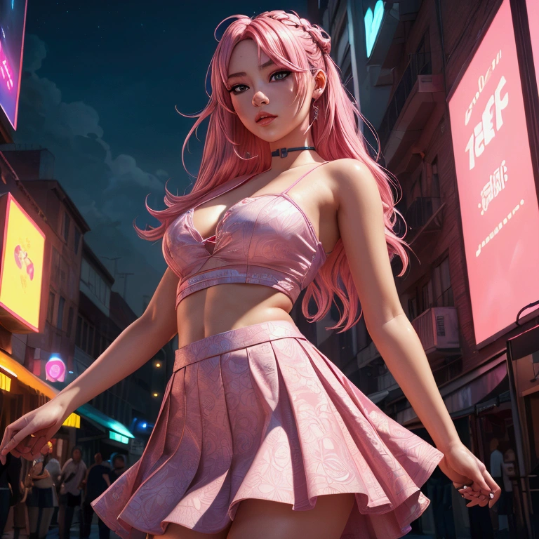 a masterpiece, best quality, highres, absurdres, 1girl, crowd, skirt, pink hair, gasai yuno, from below, revealing clothes, skindentation, outdoors, sunlight, street, looking at viewer, blush, detailed face, beautiful detailed eyes, beautiful detailed lips, extremely detailed face, long eyelashes, cinematic lighting, depth of field, volumetric lighting, photorealistic, digital painting, concept art, vibrant colors, dynamic pose