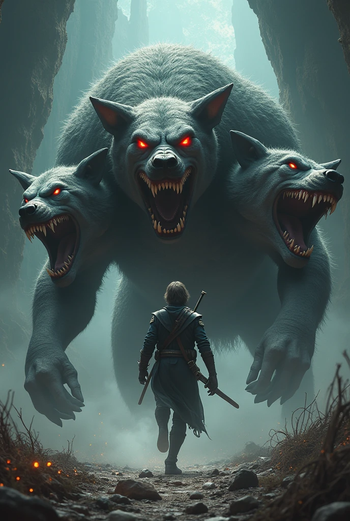 cerberus(those three-headed dogs) was coming to attack. He used his speed to run around them, trying to confuse them.