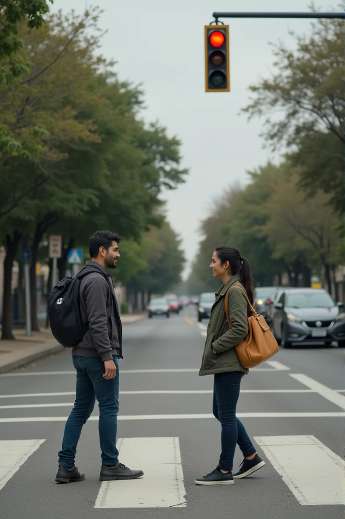 On the other side of the wax, Juan and Ana exchange glances of relief as Mrs. Carmen continues on her way., grateful. The camera zooms out, showing the traffic light and the calm crossing.