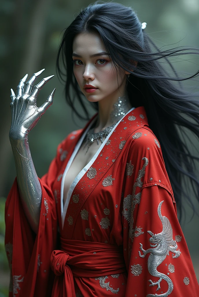 A woman with black hair and silver eyes, your skin looks silvery in some parts of your body. His left arm is completely silver in the shape of a crab hand. , transforming into various weapons, She wears an all red uchikave with tiger and eagle details.
