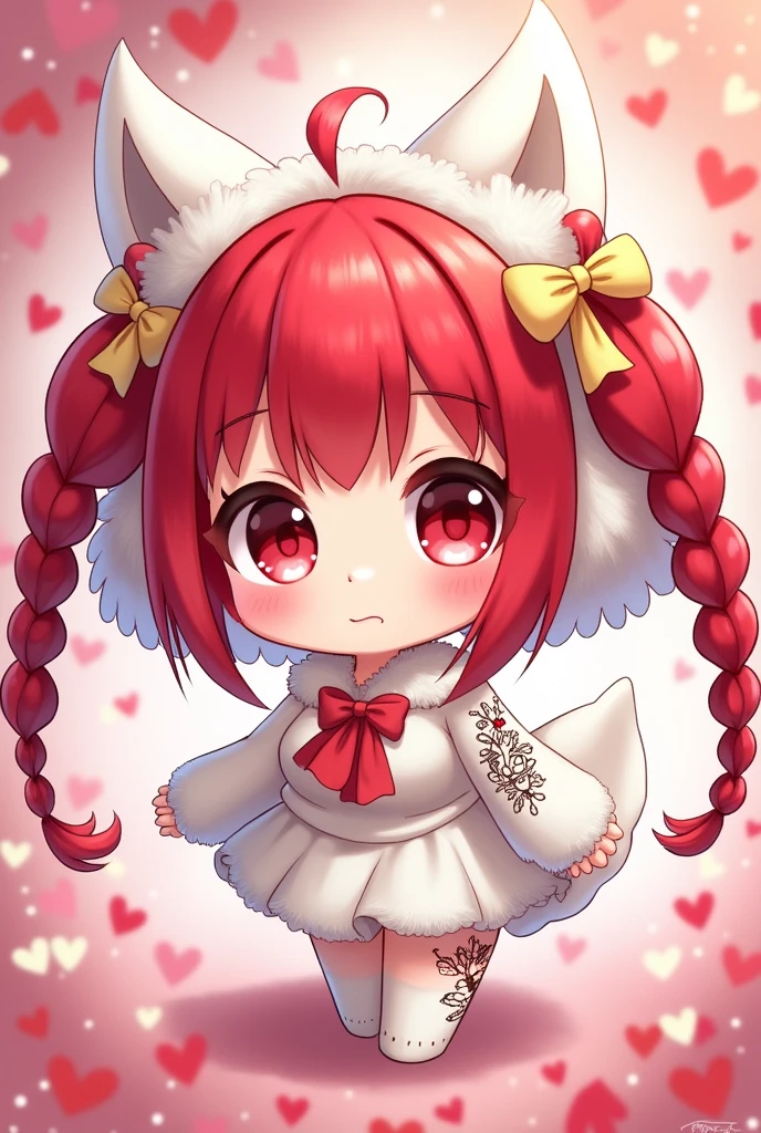 A cute chibi with strong red hair in pigtails with braids and red eyes and a white bob with fur and a white glove with fur on her hand and tattoos on her belly on the right side and background images full of small hearts.
