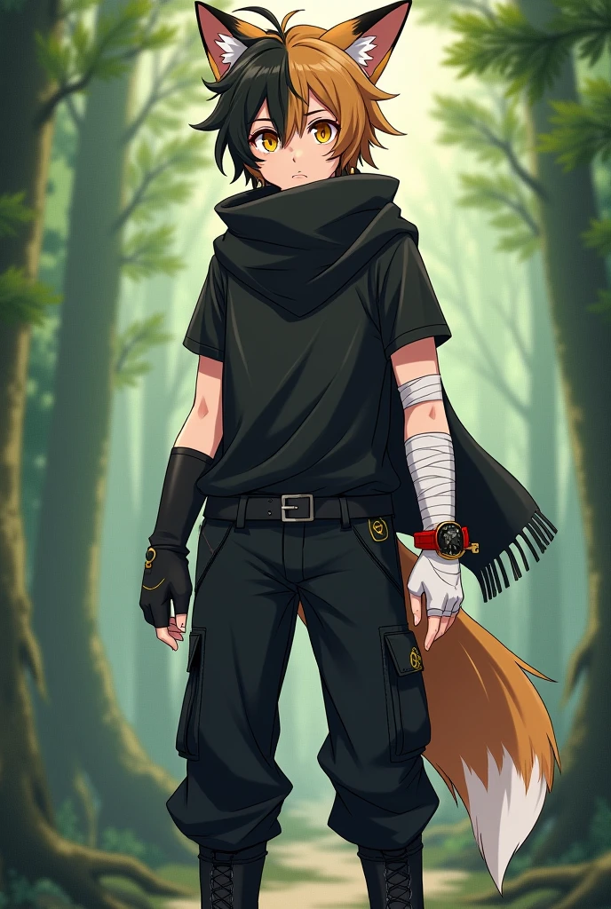 Hybrid manga boy with brown fox ears and a brown fox tail, il a les cheveux bicolore noir et brun aux yeux jaunes avec deux traits noirs sous les yeux. Il porte un t-shirt noir avec un foulard noir autour du cou. He is wearing black cargo pants with black boots, il porte des mitaines aux mains, one white and one black and a white bandage bandage wrapped around the arm. Il porte aussi un bracelet rouge avec une clochette au bras droit et une montre noir au poignées gauche. There is a forest background behind him.