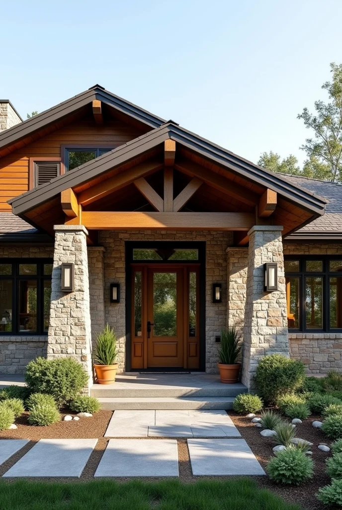 Draw examples of facades of a modern rustic house , with stone and wood details , The house plan has 7.70 wide by 12.70 long , one-story