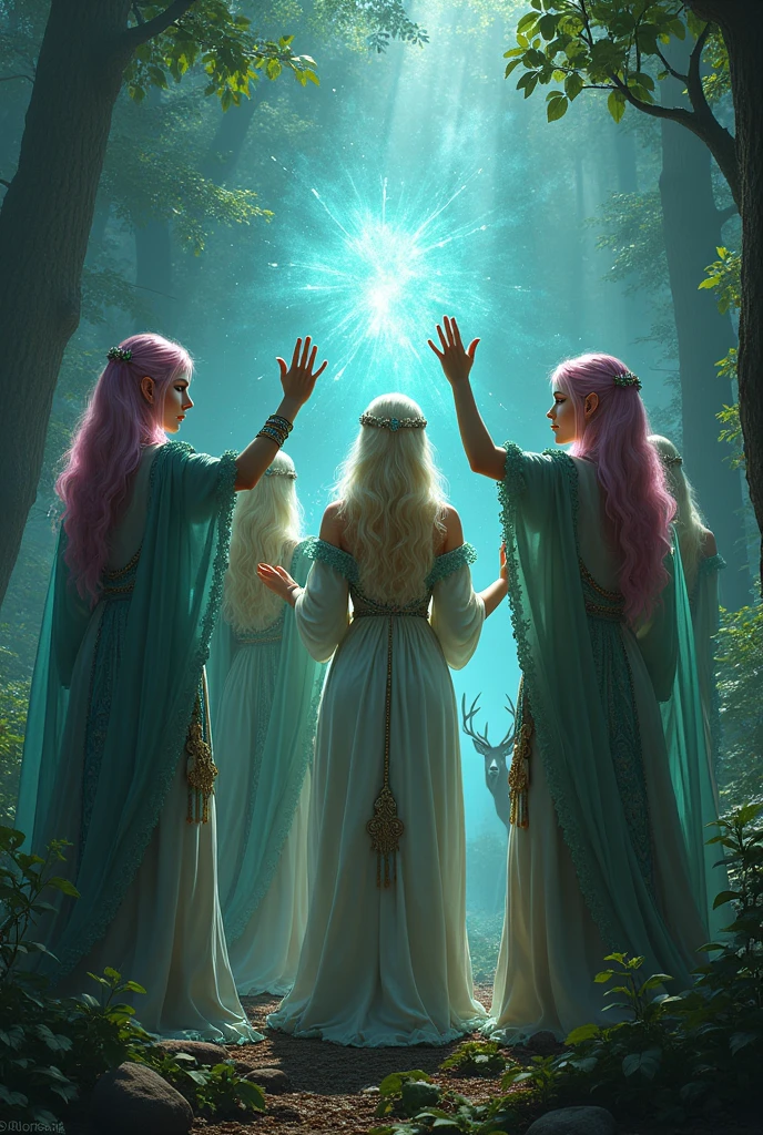 (ultra-sexy elven sorceresses,5 beautiful elven sorceresses,colorful hair,casting spell,deer at their feet,enchanted forest,highly detailed,8k,photorealistic,chiaroscuro lighting,dramatic shadows,vibrant colors,fantasy art,dark fantasy,masterpiece)