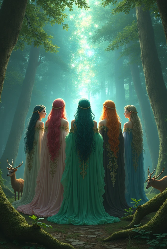 (ultra-sexy elven sorceresses,5 beautiful elven sorceresses,colorful hair,casting spell,deer at their feet,enchanted forest,highly detailed,8k,photorealistic,chiaroscuro lighting,dramatic shadows,vibrant colors,fantasy art,dark fantasy,masterpiece)
