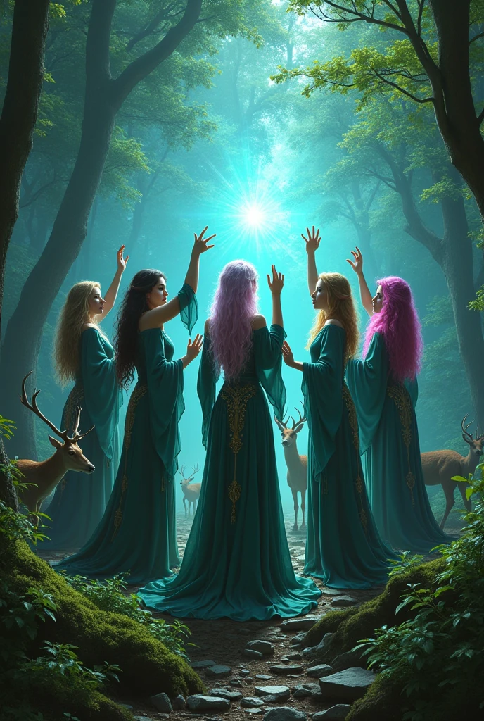 (ultra-sexy elven sorceresses,5 beautiful elven sorceresses,colorful hair,casting spell,deer at their feet,enchanted forest,highly detailed,8k,photorealistic,chiaroscuro lighting,dramatic shadows,vibrant colors,fantasy art,dark fantasy,masterpiece)