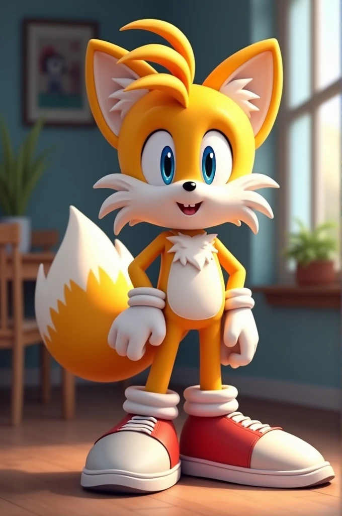 Tails Prower, Miles Prower, solo, looking at viewer, smile, 1boy, standing, full body, sitting on chair, looking at viewer