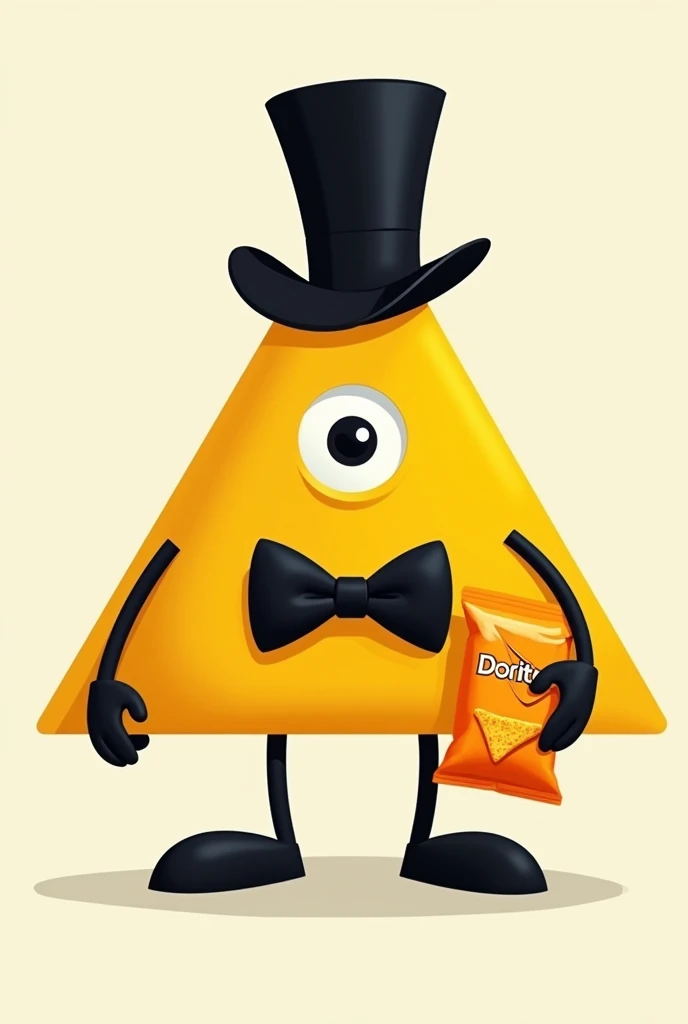 yellow triangle with one eye, 
black bowtie, black tophat and black limbs and holding a bag of Doritos 


