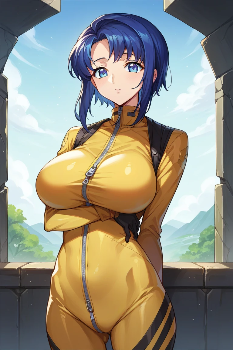 score_9, score_8_up, score_7_up, score_6_up, score_5_up, score_4_up, rating_questionable, , source_anime, digital illustration, pixiv, fanbox, official art, BREAK, 
1girl, solo, female, cecile croomy, blue hair, blue eyes, short hair, long sidelocks, bluah, 
huge breasts, yellow pilot suit, zipper down, cowboy shot, looking at viewer, colorful, vivid, , outdoors