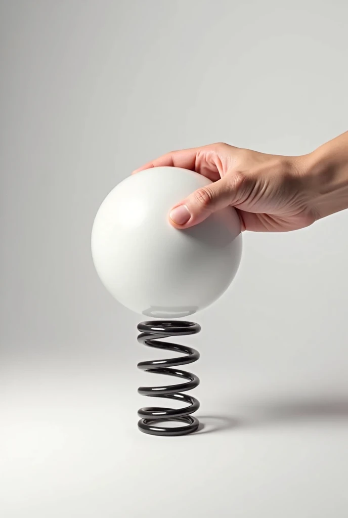 Hand pushes a ball against a spring