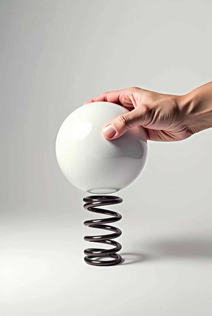 Hand pushes a ball against a spring