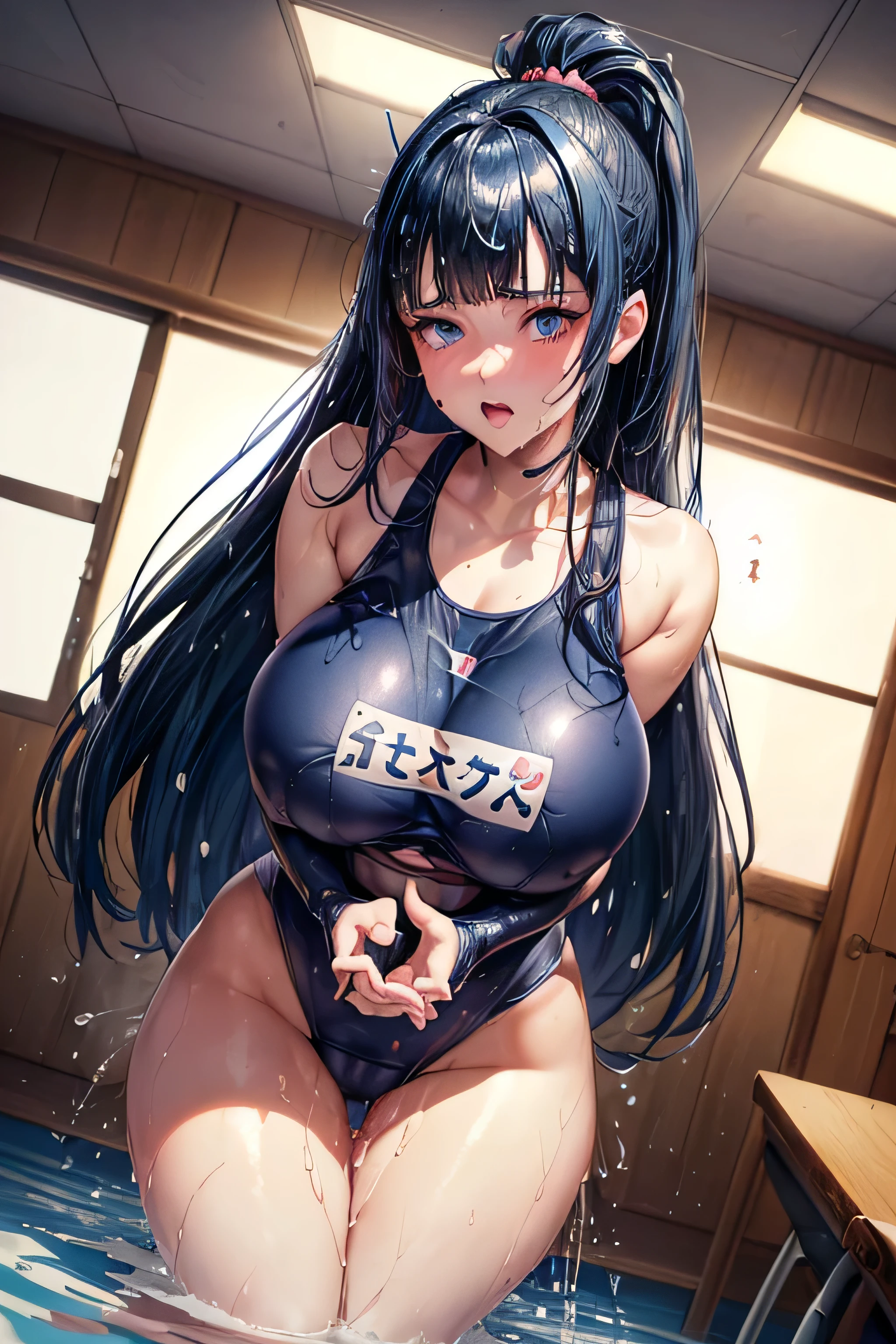 1 person，high school girl，((((Japanese School Swimsuit，There is a name tag on the chest))))，High Cut，((Low Angle，The camera is between her thighs，angle of view of ceiling，))，（From directly below:1.7），((Please straddle the camera and look down at me)），((Highest quality, wonderful,8k, masterpiece :1.3)), (Realistic, photoRealistic:1.4),dark blue hair,ponytail,long hair,blunt bangs, dark blue eyes,heart shaped pupils,[[pale skin]],Glowing Skin,  (Super big breasts:1.6), HH-sized breasts,beautiful breasts,(Big Ass),beautiful ass,Embarrassed,sweat,Wet,open legs,Very detailed,Cinema Lighting, Detailed light, Best Shadow, Dynamic Angle（From directly below:1.1）,Between the legs:1.5，(Pussy close up),(Pussy Focus,From before:1.3),(Erotic Body Twist:1.6),(shame:1.6),(orgasm:1.6),In the classroom,(Urge to urinate:1.6),(bladder full:1.6),(Urination Desire:1.6),(Splashing pee:1.6),(Person urinating:1.6),(Can&#39;t make it to the toilet in time and have to urinate:1.6),