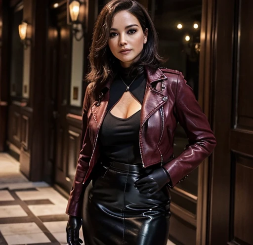 Woman aged 50+ with an ideal figure, hands in the chest area In a burgundy leather jacket and black pencil skirt, lacquered gloves, boots, chest decoration, medium breasts, full height , photo, high quality, face detail, 