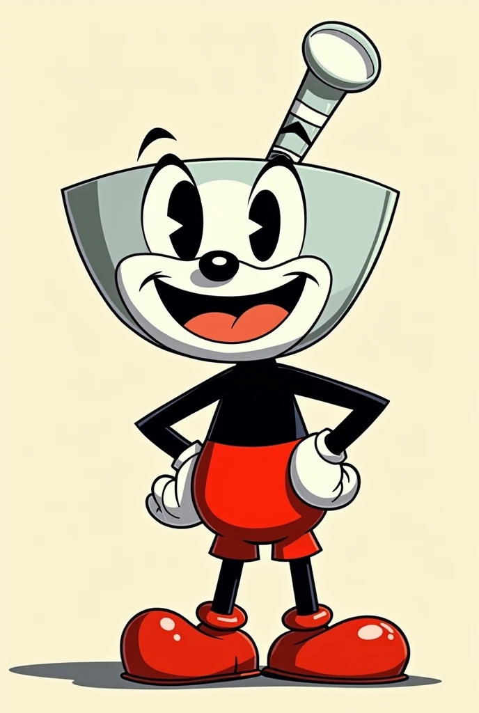 Cuphead solo, looking at viewer, smile, 1boy, standing, full body, sitting on chair, looking at viewer