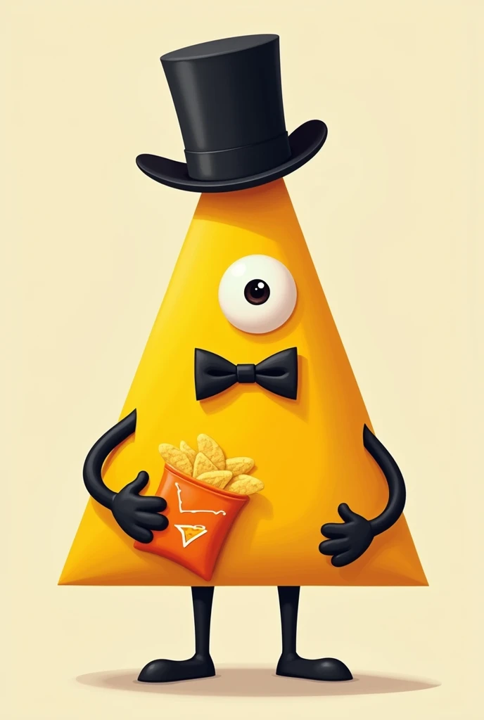 yellow triangle with one eye,
black bowtie, black tophat and black limbs and holding a bag of Doritos