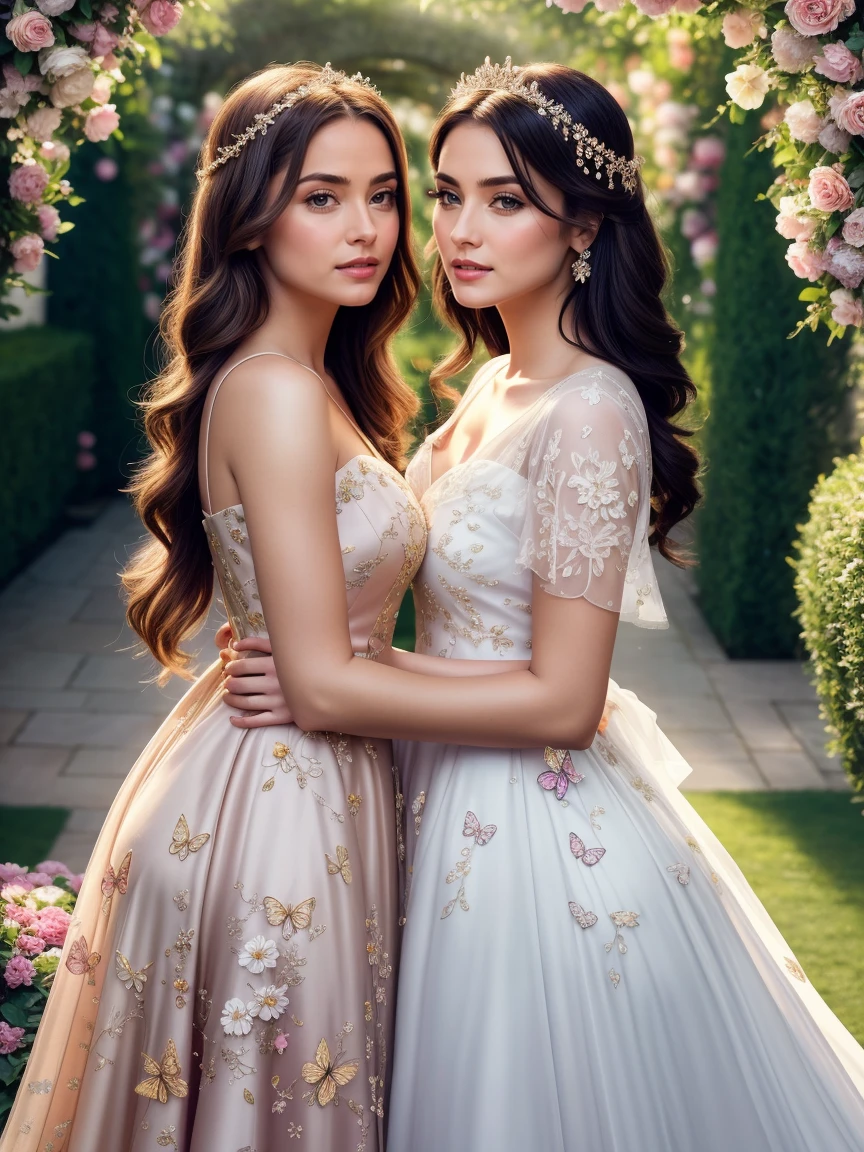 Makeup artists do makeup for celebrities, (Masterpiece:1.2), Best Quality, Masterpiece, the most important work, high resolution, Original, extremely detailed wallpaper, perfect lighting, (extremely detailed CGI:1.2), two Beautiful girls in a quaint garden, (girls are deeply in love with each other, kiss), surrounded by vibrant flowers and lush greenery. Her eyes are mesmerizing, with a hint of mystery and depth. Sunlight penetrates through the trees, casting a soft and unearthly glow on her long flowing hair. She has a serene expression on her face, exuding elegance and grace. The sophistication of her features, such as wide-open eyes and delicate pink lips, add to its charm. She is dressed in a flowing dress, embellished with intricate floral patterns, reflecting the surrounding nature. The atmosphere is filled with a sense of magic and tranquility, and colorful butterflies flutter gracefully around it. The scene was shot in the format of (Best Quality, 4K, high resolution: 1.2), To fully reproduce intricate details and vibrant colors. Soft and dreamy lighting enhances the fairytale atmosphere of the stunning garden. ((Film grain, bokeh, light particles, Dust, Extreme camera angle))