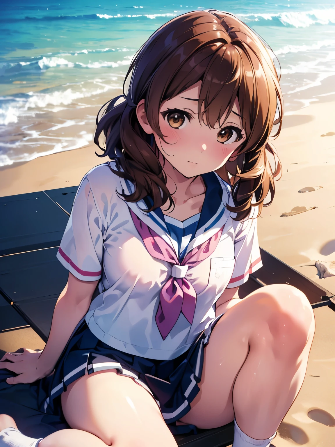 Ultra-detailed, High resolution, (Realistic, Realistic: 1.4), Kumiko、8k, RAW Photos, (Tabletop), (Highest quality), Physically Based Rendering, student, Long brown hair, Sandy Beach, _white_shirt、burnt skin、Brownish color、Kumiko Omae、loose socks