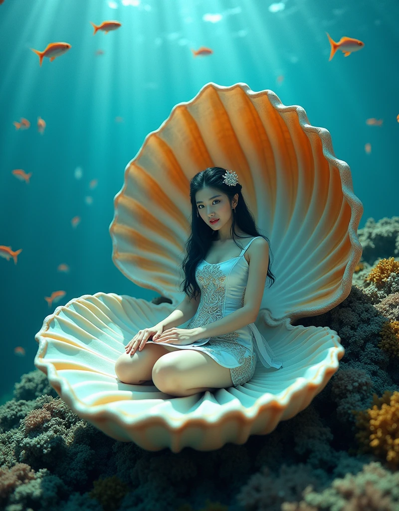 A beautiful woman, dressed in short cheongsam, beautiful decoration and fine grain, black hair, updo hair, hair pin on the head, blue eyes, sitting underwater on a huge scallop surrounded by colored coral, the inner wall of the scallop is colored, like a throne, and there are fish swimming around her, this picture is a realistic photo, with super detail, With cinematic lighting and cinematography, it depicts the entire body of an Asian girl, shot from a wide Angle