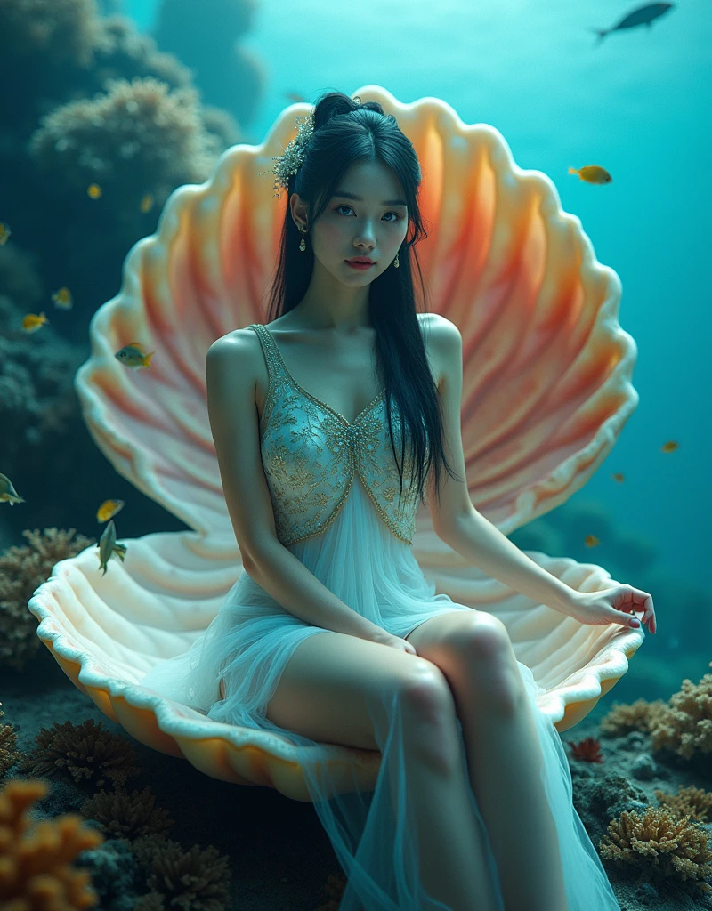 A beautiful woman, dressed in short cheongsam, beautiful decoration and fine grain, black hair, updo hair, hair pin on the head, blue eyes, sitting underwater on a huge scallop surrounded by colored coral, the inner wall of the scallop is colored, like a throne, and there are fish swimming around her, this picture is a realistic photo, with super detail, With cinematic lighting and cinematography, it depicts the entire body of an Asian girl, shot from a wide Angle