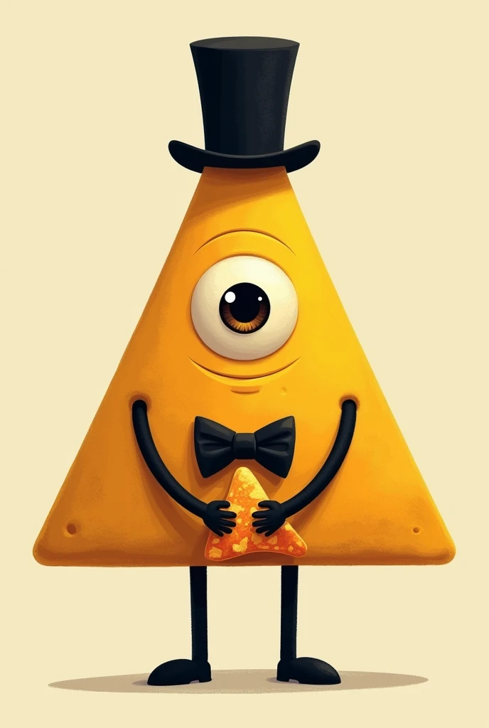 yellow triangle with one eye, 
black bowtie, black tophat and black limbs and cradling a bag of Doritos 


