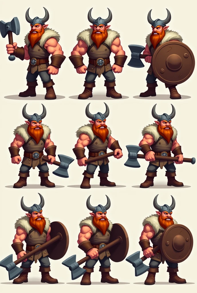Create a spritesheet featuring a Viking character. Include various poses and actions such as walking, attacking, and idle stance. Use a consistent art style with clear, vibrant colors, and ensure the Viking is wearing traditional attire with a helmet, shield, and axe.