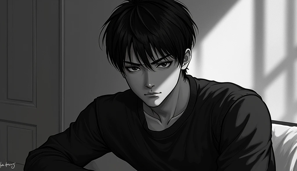 ((best qualityer)), ((work of art)), (detailded), naughty man, Toji Fushiguro, black andwhite, ombro to ombro sweater, PENSATIVE