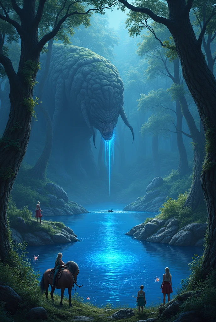 a forest, where in the middle of it there is a lake, in that lake, blue sparkles come out of it, near this lake you can see fairies, horses, and elves, but this forest has a following, a dark secret, Deep in this forest lives a monster, such a dark and frightening monster, and from para velo the river longe