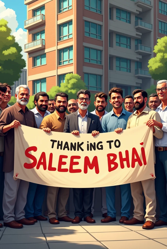 Generate a picture where only men are standing in front of Apartment, holding a banner written on "Thank You!! Saleem Bhai"