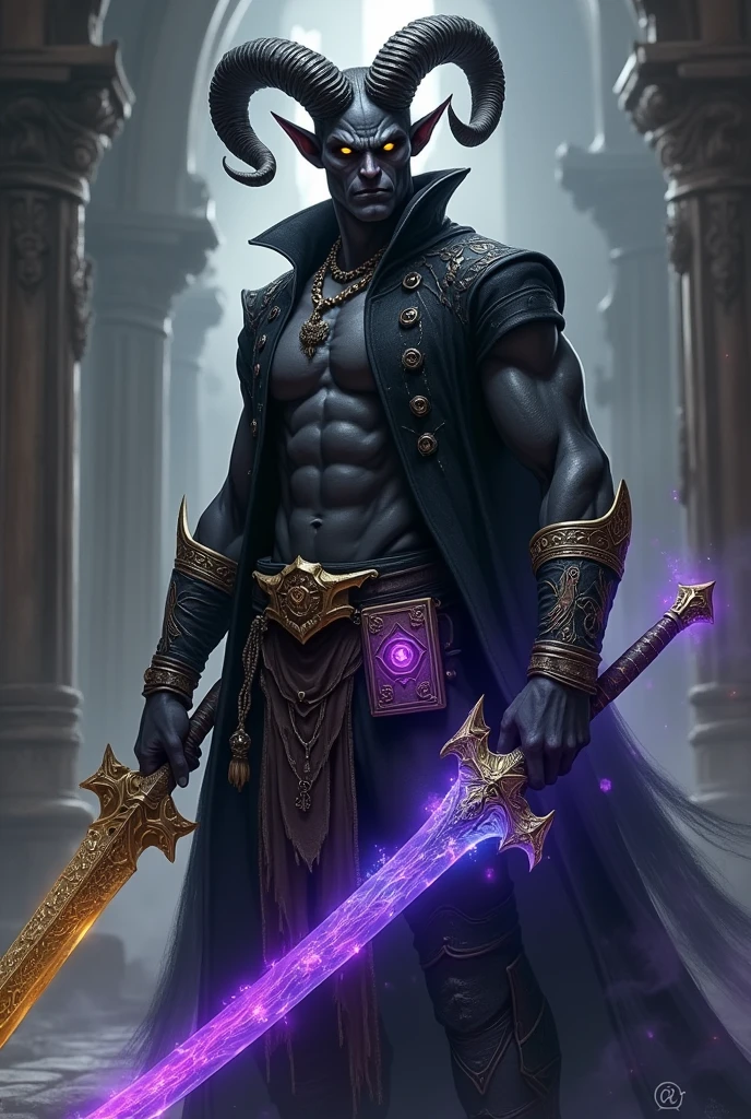 Dark-black skinned Tiefling male. One pearlescent eye and one yellow eye. Soft, solemn face. Ram’s horns are very short, curly, compact, and tightly-wound. Dual-wielding. First sword: golden, intricately carved, with red, glowing runes that are oozing black smoke. Second sword: an elegant, curved blade that’s magically glowing a cobalt blue. Can see his chest due to his sleeveless, buttonless, open, black jacket. Has a purple glowing forearm brace. Book holster on his belt that’s holding a malevolent tome