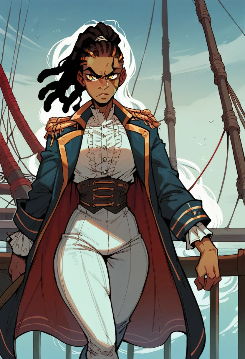 black pirate woman with long dreadlocks tied in a ponytail, yellow eyes, blue blood stained coat, white pants, white half opened shirt, serious face, weapons and garters all over her, stormy weather, dark sky, on ship, walking at the viewer menacingly