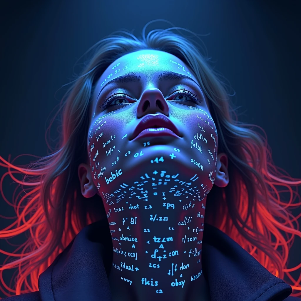 Close-up of woman's face, glowing green holographic equations projected onto skin. Intense gaze, realistic features. Dark background, cyberpunk aesthetic. Luminous mathematical formulas, handwritten style. Futuristic, high-tech atmosphere. Photorealistic rendering, dramatic lighting, sharp contrast