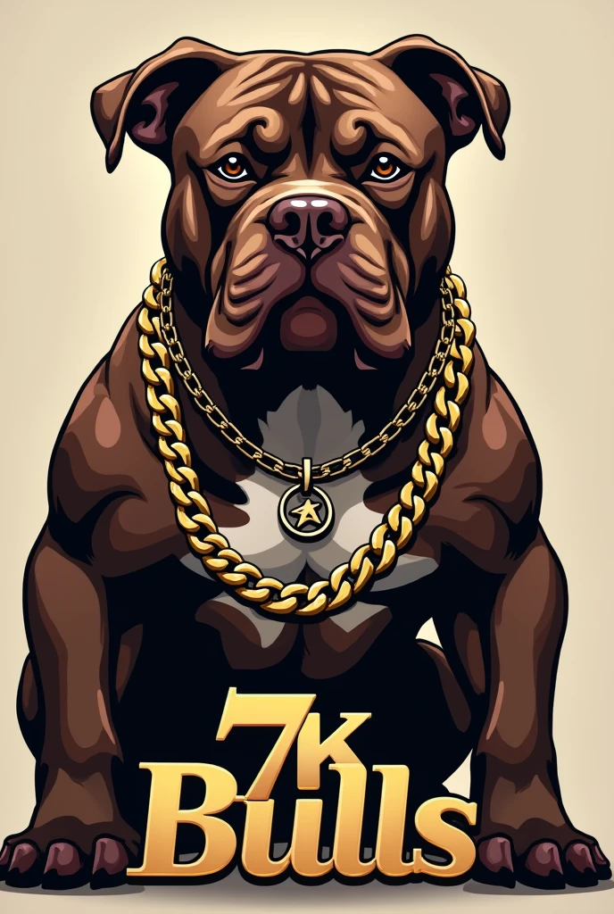 Generate a logo for a breeder of chocolate-colored exotic American Bullys that is muscular, extra muscular, the dog has a big head and short, cropped ears that has gold chains and has the 7K That has gold things that is striking, the name is 7K Bulls. Add the name of the breeder to that dog that you generated. 