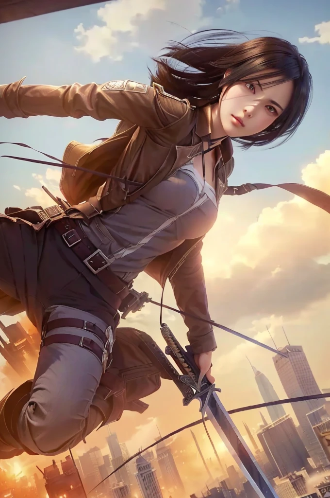 Beutiful girl with sword flying over city with buildings in background, extremely detailed artgerm, mikasa ackerman, amazing wallpaper, from attack on titan,