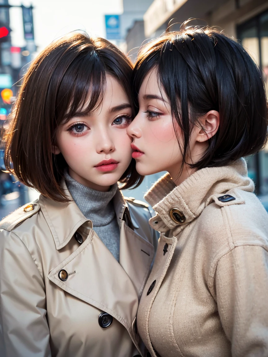 (UHD, retina, masterpiece, accurate, anatomically correct, textured skin, super detail, high details, high quality, best quality, high res, 1080P, HD, 4K, 8k, 16k, the most important work), (beautiful detailed eyes, beautiful detailed lips, extremely detailed eyes and face), studio lighting, physically-based rendering, vivid colors, (large breasts, glamorous body), (beige trench coat, turtleneck sweater), (portrait, bob cut, shiny hair, shiny skin, blush), (street corner on a rainy day, bokeh), eye reflection, (two beautiful girls are deeply in love with each other, kiss:1.2)