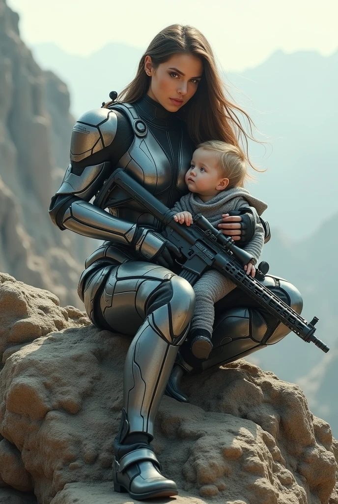 (SeaArtInfinity), beautiful Caucasian woman, sitting on rock, wearing futuristic Mjolnir powered assault armor MK6, long over right shoulder hair, holding a assault rifle , child carrying hand  cyber realistic
