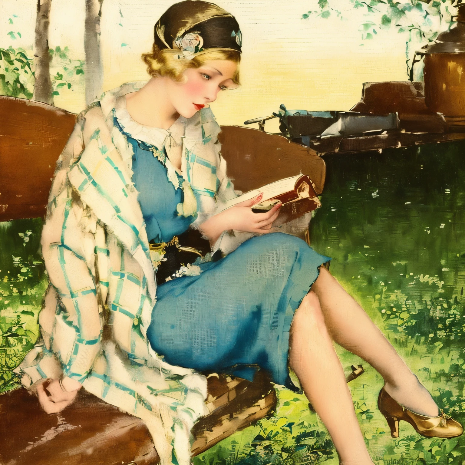 painting of a woman sitting on a bench reading a book, inspired by Gerda Wegener, by Gerda Wegener, 1 9 2 0's colored pencil, 1 9 2 0 cloth style, 1 9 2 0 s cloth style, vintage magazine illustration, vintage postcard illustration, 1 9 2 0 ’ s colored pencil, by Peggy Angus, elegant lady