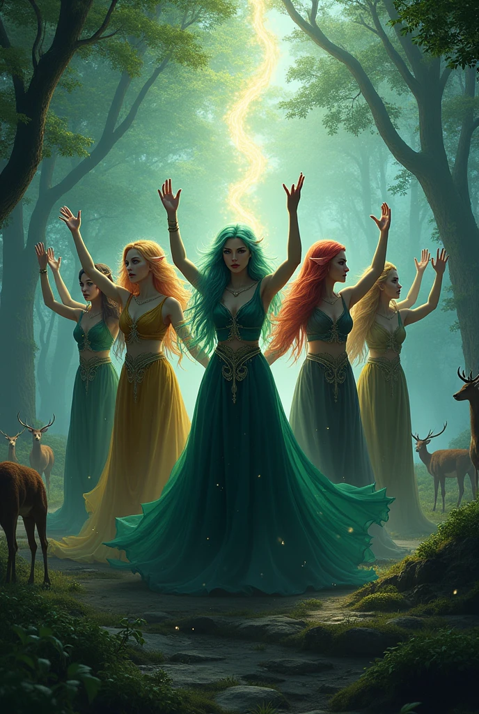 (ultra-sexy elven sorceresses,5 beautiful elven sorceresses,colorful hair,casting spell,deer at their feet,enchanted forest,highly detailed,8k,photorealistic,chiaroscuro lighting,dramatic shadows,vibrant colors,fantasy art,dark fantasy,masterpiece)