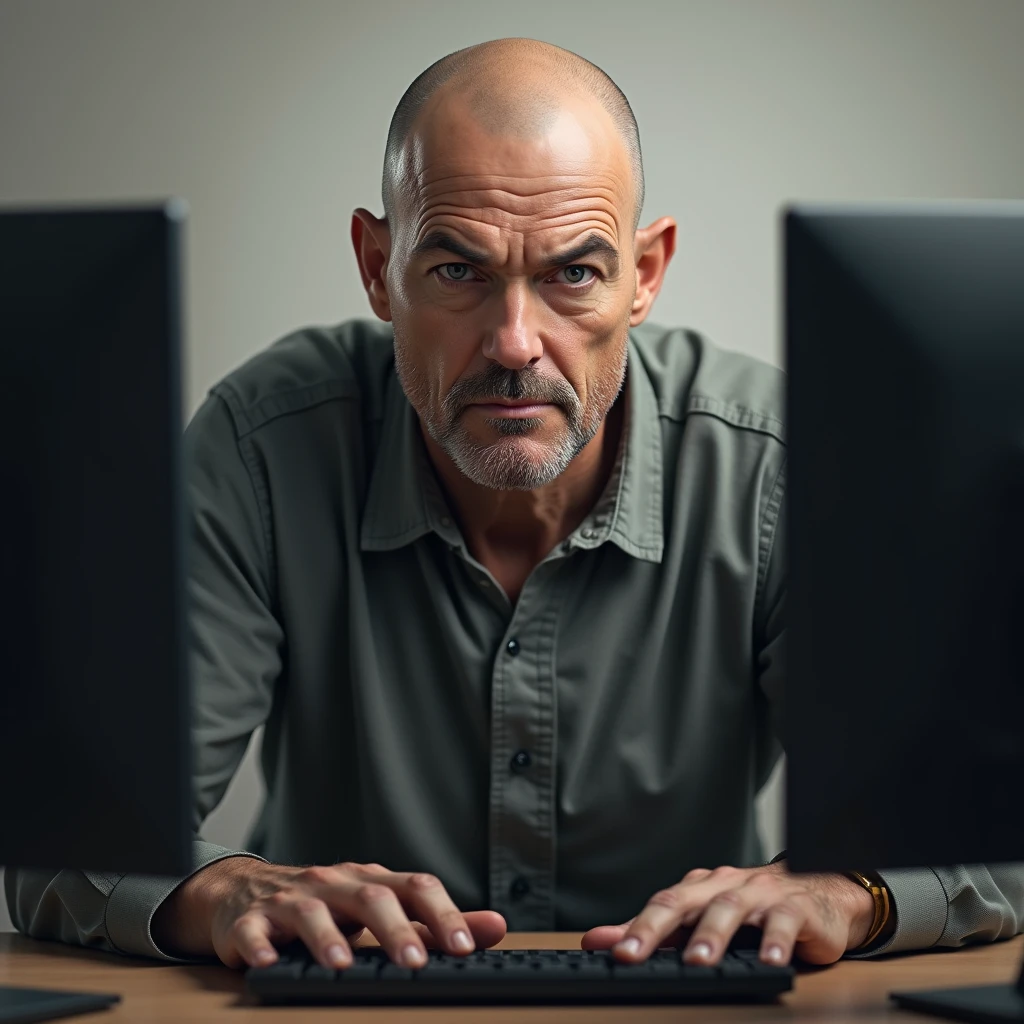 homme chauve devant un ordinateur ,le regard vers nous