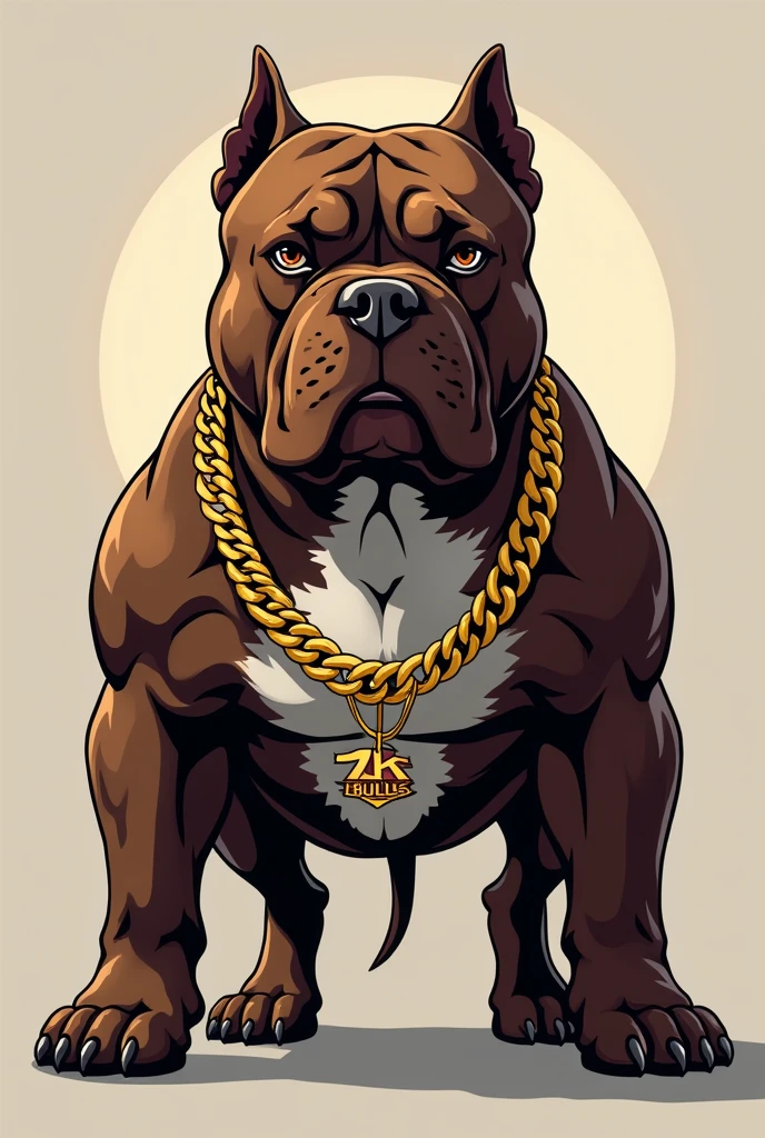 Generate a logo for a breeder of chocolate-colored exotic American Bullys that is muscular, extra muscular, the dog has a big head and short, cropped ears that has gold chains and has the 7K That has gold things that is striking, the name is 7K Bulls. Add the name of the breeder to that dog that you generated.