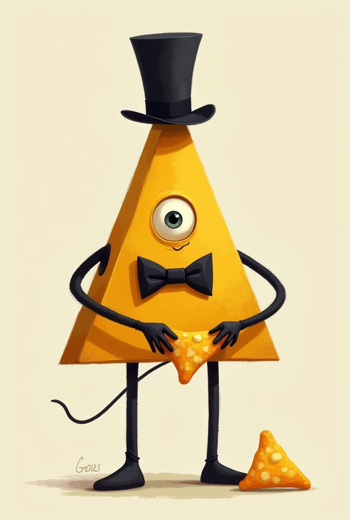 yellow triangle with one eye, 
black bowtie, black tophat and black limbs and eating Doritos with its eye


