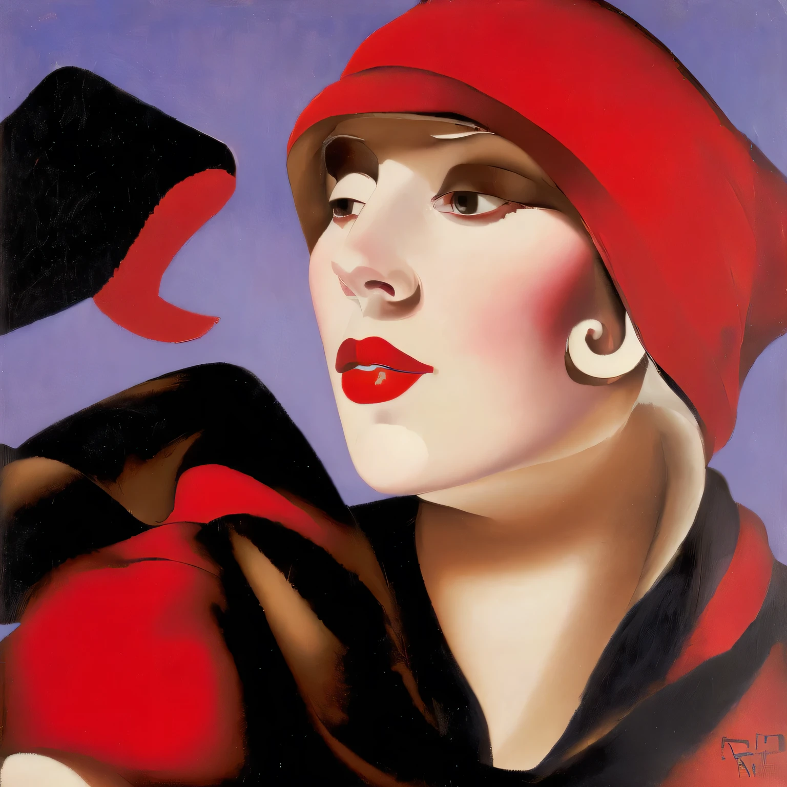 painting of a woman with a red scarf and a black hat, by Tamara de Lempicka, by Tamara Lempicka, inspired by Tamara Lempicka, inspired by Tamara de Lempicka, art deco portrait, enoch bolles, kenton nelson, art deco painting, georgy kurasov, inspired by Art Frahm, by Rita Angus