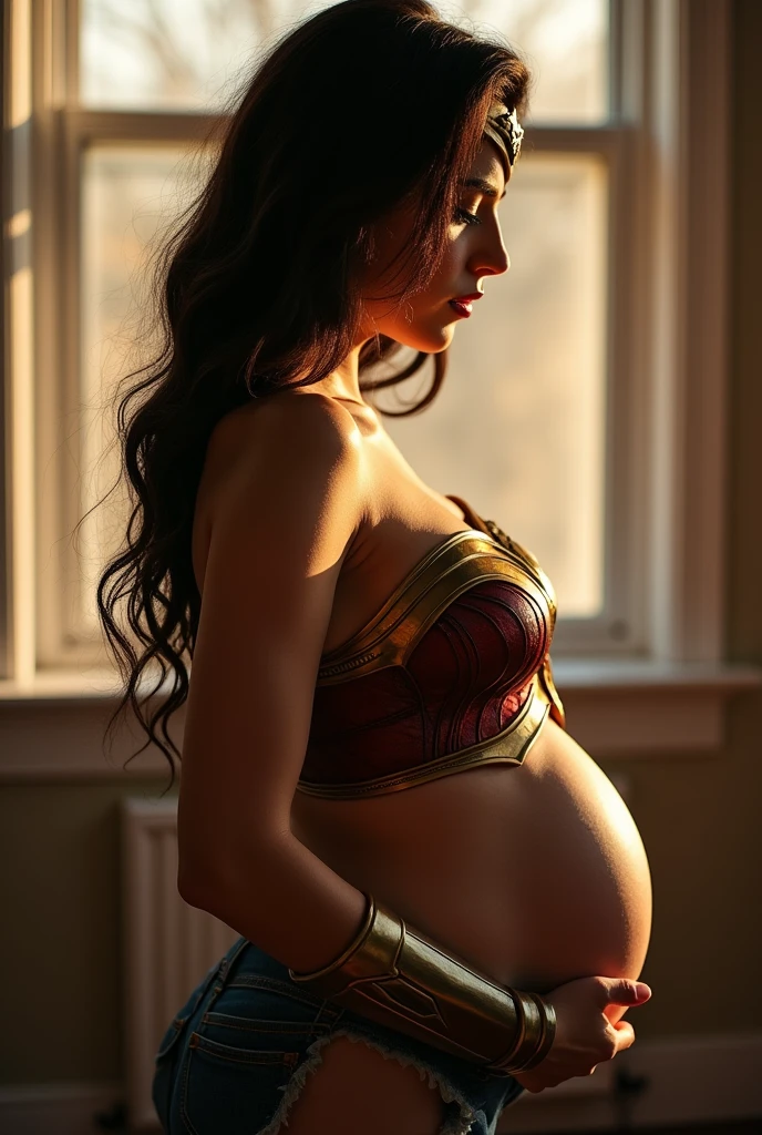 A stunning portrait of Wonder Woman pregnant, holding her belly, young and beautiful, hyper realistic, real portrait, backlit, exquisite features, cleavage, sexy, seductive, window, natural light, soft light